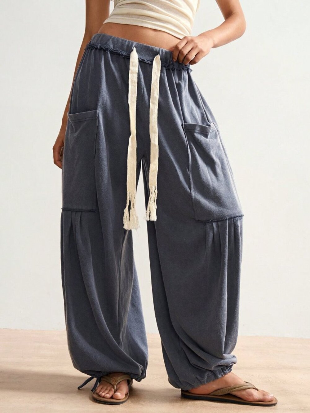 Dark Grey Casual Women's Plus Size Drawstring Waist Loose Pocket Wide Leg Pants